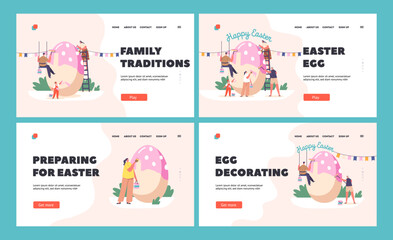 Easter Egg Landing Page Template Set. Happy Family Prepare for Easter Celebration. Tiny Parents, Granny and Children