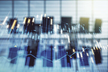 Multi exposure of virtual abstract financial diagram on a modern furnished office interior background, banking and accounting concept