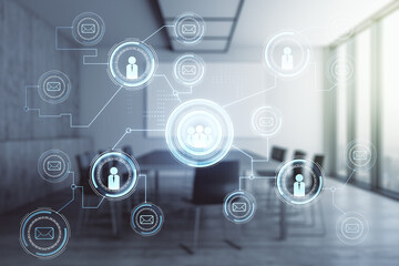 Double exposure of social network icons hologram on a modern boardroom background. Networking concept