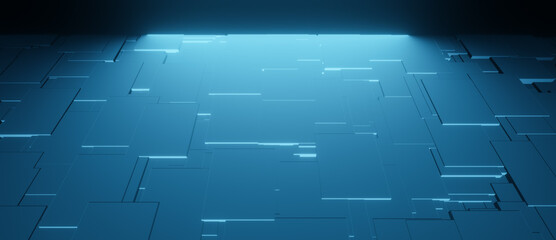Abstract blue 3D illustration rendering with bright neon illuminated metallic background with random pattern, technology futuristic architecture or science backdrop