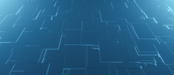 Abstract blue 3D illustration rendering with bright neon illuminated metallic background with random pattern, technology futuristic architecture or science backdrop