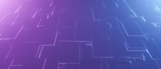 Abstract blue and pink 3D illustration rendering with bright neon illuminated metallic background with random pattern, technology futuristic architecture or science backdrop