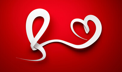Japanese flag heart shaped ribbon red and white 3d illustration.