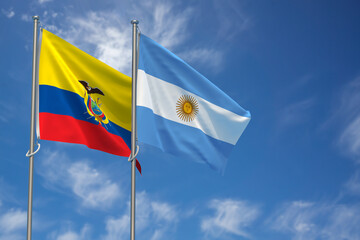 Republic of Ecuador and Argentina Flags Over Blue Sky Background. 3D Illustration