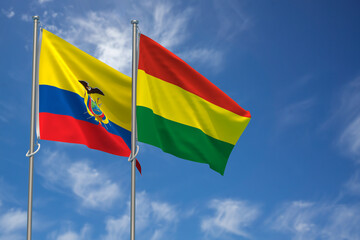 Republic of Ecuador and Plurinational State of Bolivia Flags Over Blue Sky Background. 3D Illustration