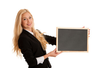 business woman holding a blank blackboard - teacher - 554893763