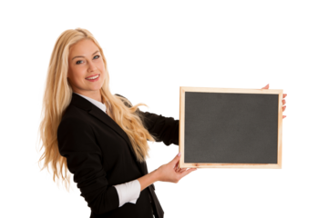 business woman holding a blank blackboard - teacher