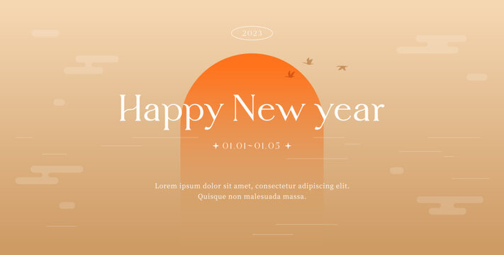 2023 Happy new year concept. Sun rising over the sea. First sunrise, Cloud, Geese. Minimal Modern layout, Fashionable color. Banner, poster, flyer, greeting card. Trendy Flat vector illustration.