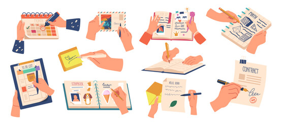 Set of Hands Writing Notes, Human Character Palms Signing Contract, Share with Diary Love Story, Send Letter or Postcard