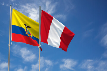 Republic of Ecuador and Republic of Peru Flags Over Blue Sky Background. 3D Illustration