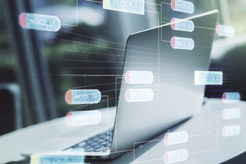 Multi exposure of abstract programming language hologram on computer background, artificial intelligence and machine learning concept