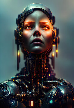 Female cyborg with illuminated face