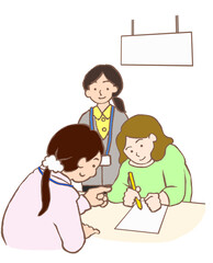 福祉制度の申請手続きのため市役所へ外出同行する精神保健福祉士とうつ病の女性のイラスト