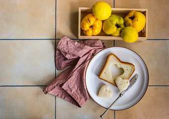 Plate with toast slices and heart shaped