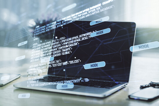 Abstract creative coding concept on modern laptop background. Multiexposure