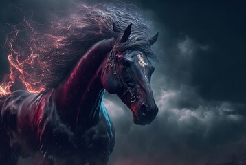 illustration of beautiful black horse with bad weather, look powerful and fairytale and symbol of unexpected succeed,  - obrazy, fototapety, plakaty