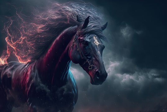 illustration of beautiful black horse with bad weather, look powerful and fairytale and symbol of unexpected succeed, 