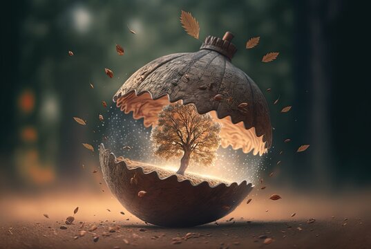 surreal illustration of a shinny little tree in inside a Christmas ornament, idea for new year new thing or the gift to earth is a new tree,  environmental preservation