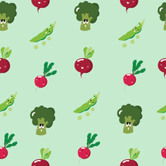 Cute seamless pattern with cartoon vegetables - broccoli, green peas, radish and beetroot. Vector illustration for cards, posters, flyers, webs and other use.