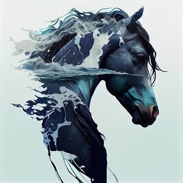 Double exposure of horse and waves, blue dripping color and splashes, nature in water background. AI generative