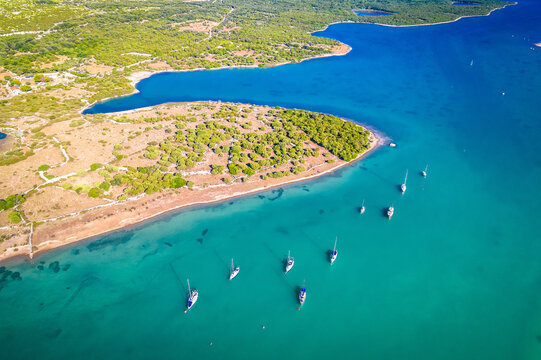 Turquoise sailing coasline on Cres island aerial view