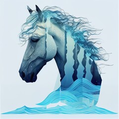 Double exposure of horse and waves, blue dripping color and splashes, nature in water background. AI generative