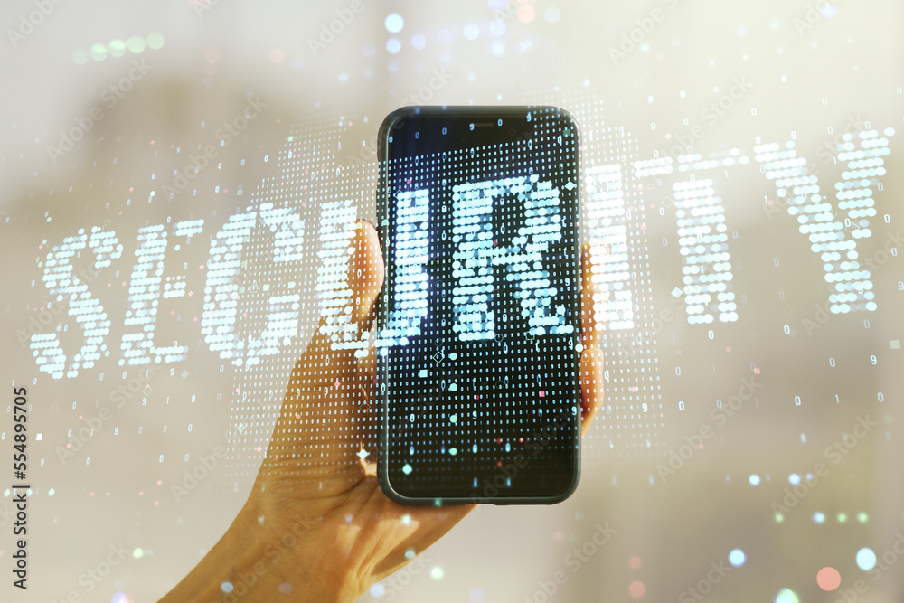 Aufkleber cyber security creative concept and hand with cellphone on background. double exposure