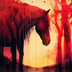 Double exposure of horse and trees, red dripping color and splashes, nature sunset or sunrise. Animal character design background. AI generative.