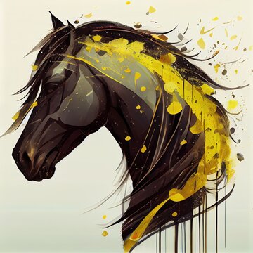 Double exposure of horse and nature, yellow dripping color and splashes. Animal character design on white background. AI generative.