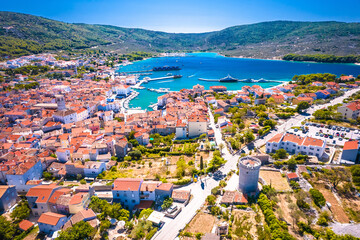 Adriatic town of Cres tower and bay aerial view