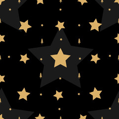 Elegance seamless pattern with gold stars on the black background. Vector illustration for winter holidays.