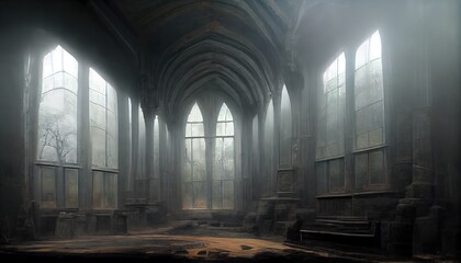Foggy hall interior in gothic ancient chapel with tall windows and columns.  Empty dark abandoned mystical place