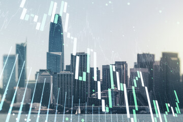 Fototapeta na wymiar Multi exposure of virtual creative financial chart hologram on San Francisco skyscrapers background, research and analytics concept