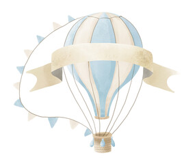 Blue hot air Balloon with ribbon for text. Watercolor illustration for kid birthday party. Hand drawn sketch for baby newborn invitation on isolated background. Drawing for postcard in pastel colors
