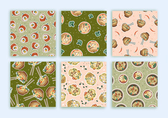 Fototapeta premium Set of cute Asian food prints. Pattern with udon or ramen soup. Bowl with noodles. Suitable for restaurant banners, menus, and fast food advertisements. Korean or Chinese food.