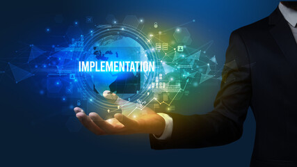 Elegant hand holding technology-related inscription