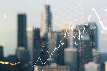 Multi exposure of abstract financial diagram and world map on blurry office buildings background, banking and accounting concept