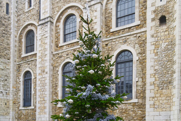 Tower of London in Christmas time with Christmas tree in Great Britain Europe