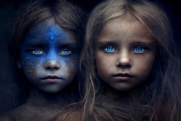 Children with indigo paint and eyes. Spiritual children with old souls. Generative AI, this image is not based on any original image, character or person. - obrazy, fototapety, plakaty