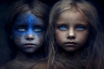 Fotobehang Children with indigo paint and eyes. Spiritual children with old souls. Generative AI, this image is not based on any original image, character or person. © cfhdesign