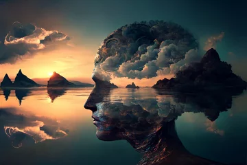 Fotobehang Calmness of the mind. Profile of a woman's head filled with calming landscape scene. Generative AI, this image is not based on any original image, character or person. © cfhdesign