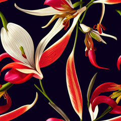 vintage botanical drawing, Flame Lily flower pattern , Gloriosa Rothschildiana , seamless pattern