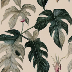 Tropical vintage red hibiscus and strelitzia floral green palm leaves seamless pattern black background. Exotic jungle wallpaper.