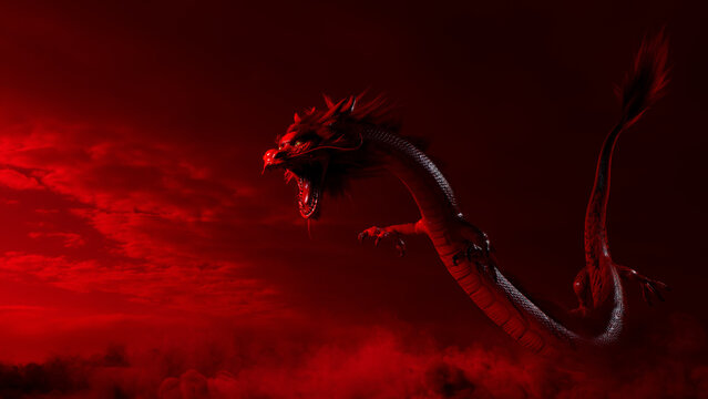 Flying Chinese Dragon against a Red Cloudy Sky. New Year Concept with copy-space.