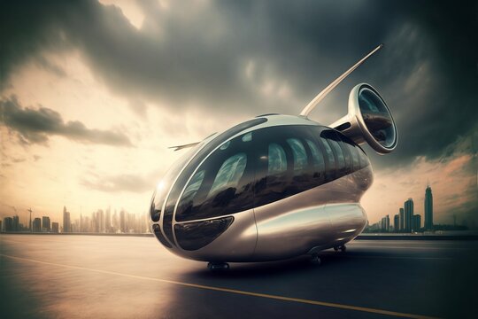 Future idea concept for the future of business transportation with a flying car. Generative AI, this image is not based on any original image, character or person.