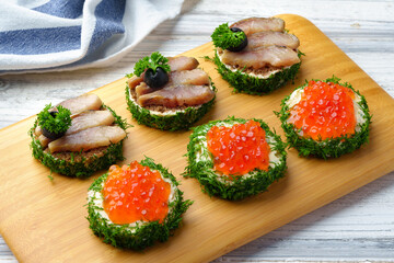 Catering banquet table food snacks with fish