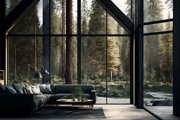 Cozy chalet luxury house exterior with panoramic glass walls exterior illustration