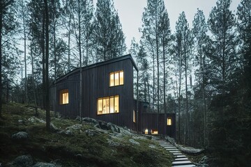 Nordic designed wooden house in the forest illustration