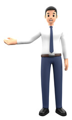 3D illustration business man do the gesture with a smile and happy emotion in cartoon style. Businessman with success pose action with positive thinking on a blank background.