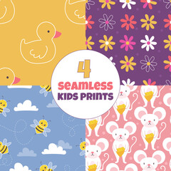 Cute kids style patterns set with bee, flower, mice, clouds and yellow duck. Cute children's prints for textiles or wrapping. Funny duckling, insects and mouse on pink background. Simple seamless art.